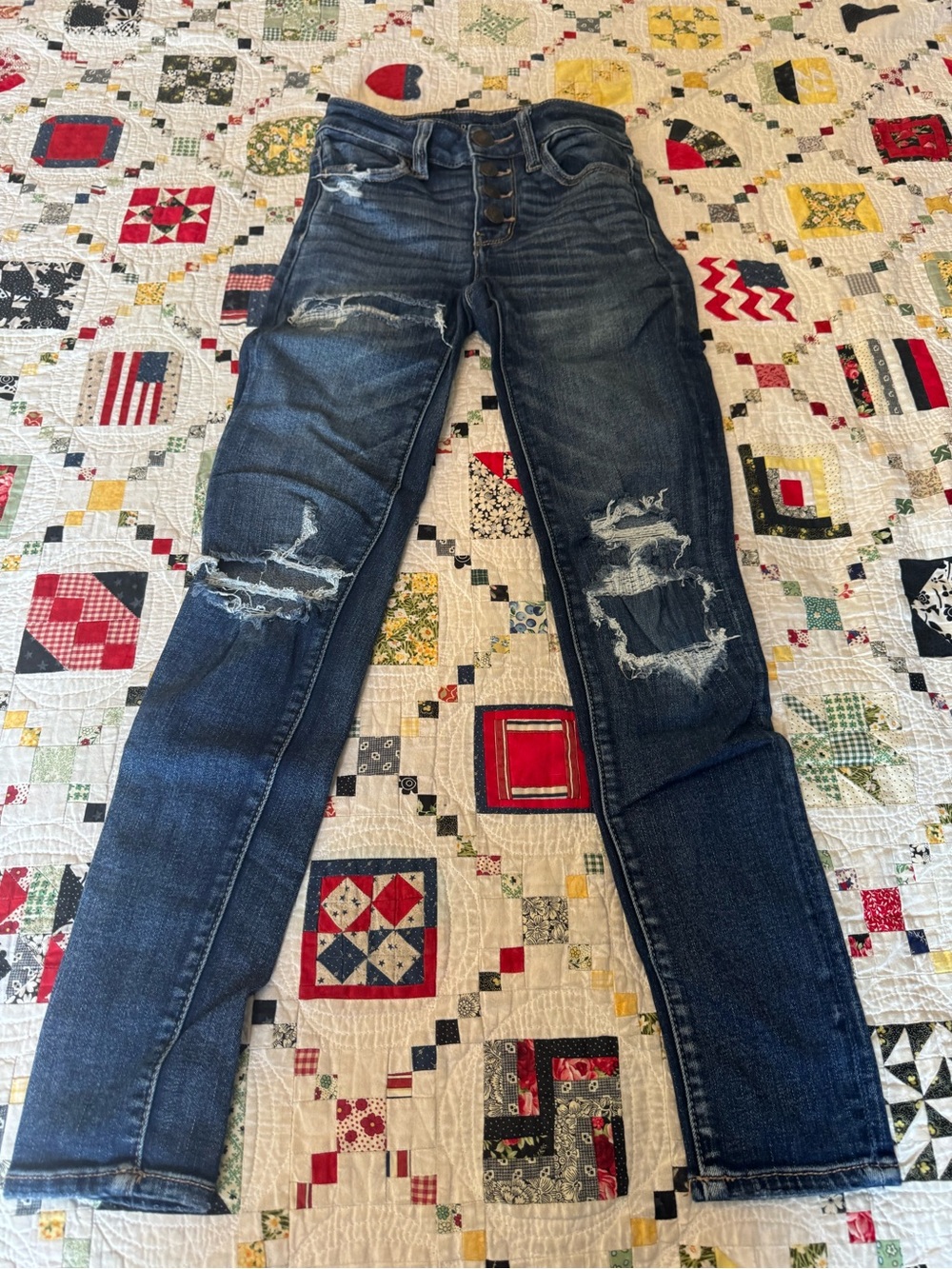 American Eagle Dark Blue Distressed High-Rise Button Fly Women's Jeans